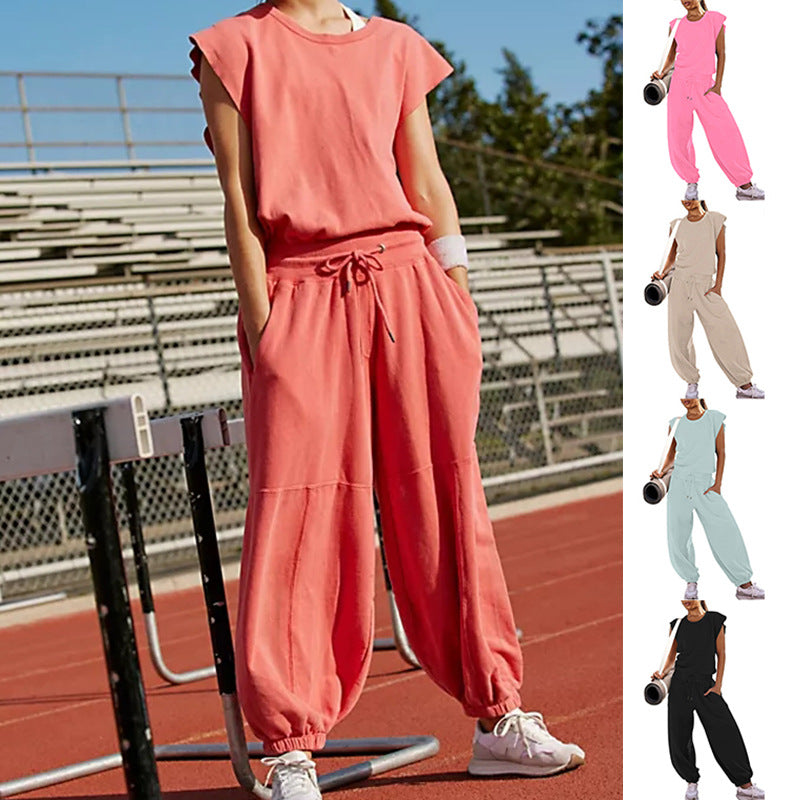 Women's Casual Sweat Set with Wide Silhouette and Elastic Waistband