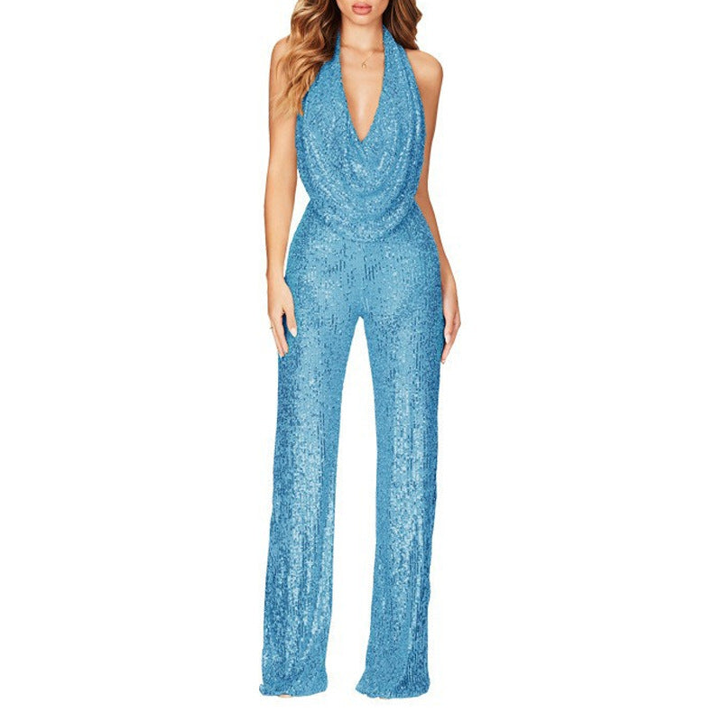 Glittering V-Neck Jumpsuit with Wide Legs