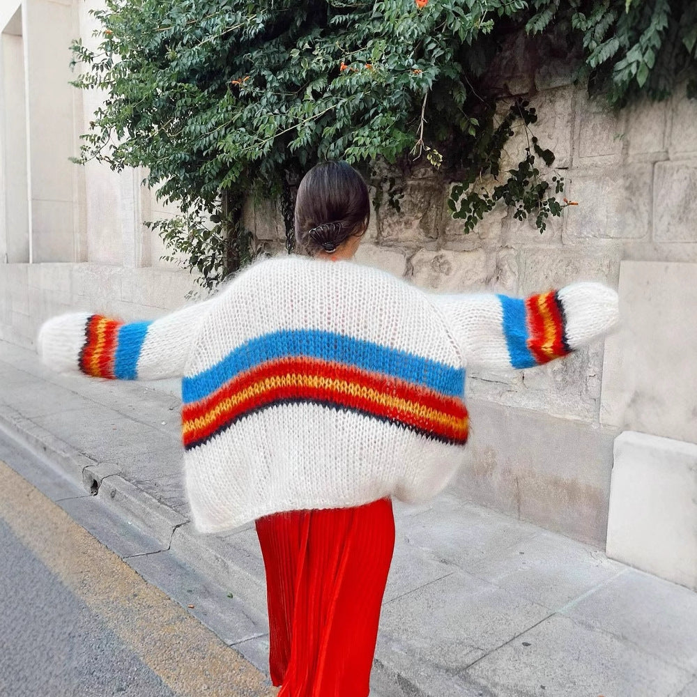 Women's Large Knit Cardigan with Colorful Stripe Design