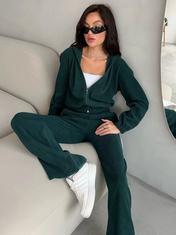 Women's Casual Sweat Set with Elastic Waistband and Modern Zipper