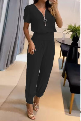 Women's Casual Jumpsuit with Zipper and Elastic Waist