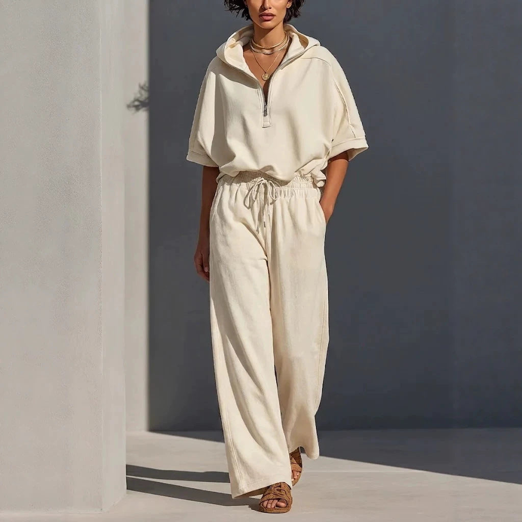 Women's Casual Lounge Set with Half-Zip Hoodie and Wide Palazzo Pants