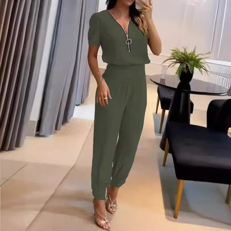 Women's Casual Jumpsuit with Zipper and Elastic Waist