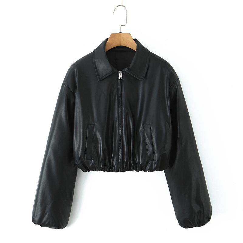 Women's Cropped Faux Leather Jacket with Pockets and Elastic Hem