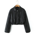 Women's Cropped Faux Leather Jacket with Pockets and Elastic Hem