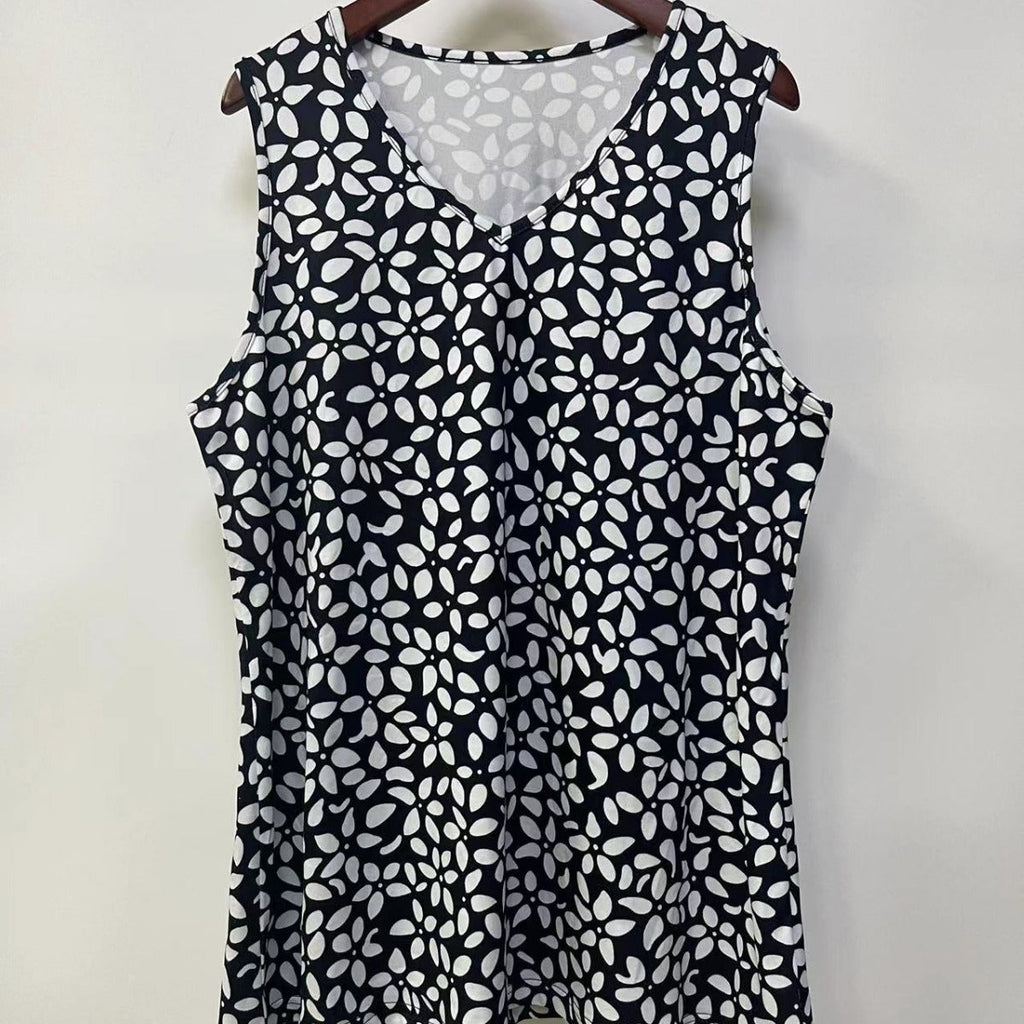 Women's Sleeveless V-Neck Top with Floral Print and Side Pockets