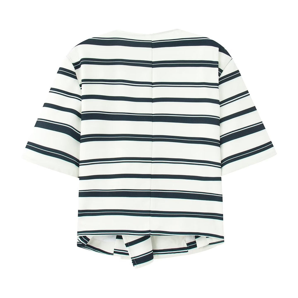 Women's Striped Blazer and Shorts Set with Button Details