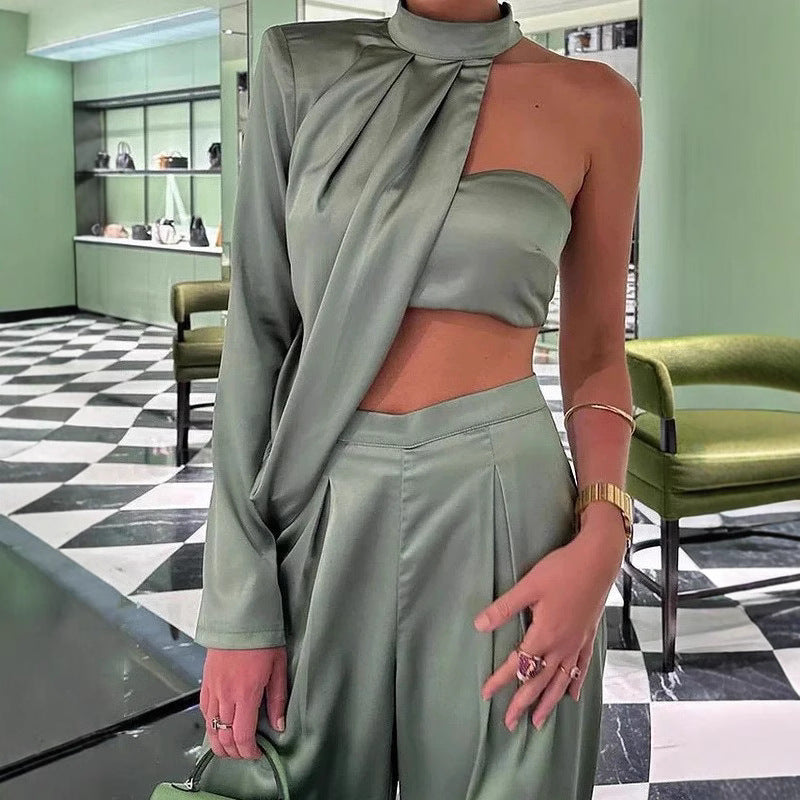 Women's Elegant Two-Piece Set with Asymmetric Top and Wide-Leg Pants