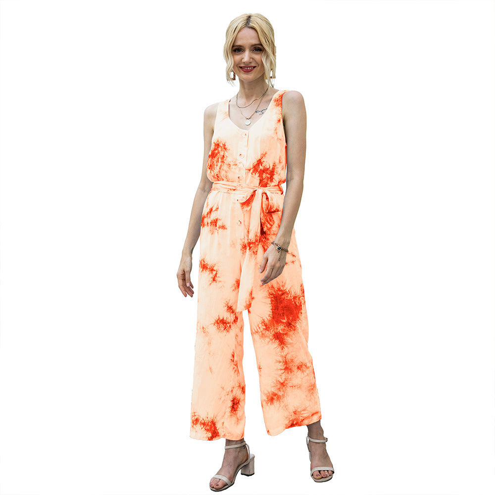 Casual Jumpsuit with Tie Belt and Button Placket