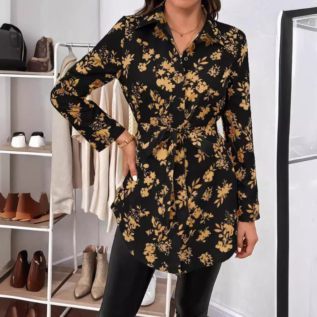 Women's Casual Blouse with Floral Pattern and Waist Tie