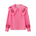 Women's Blouse with Voluminous Collar and Floral Embroidery
