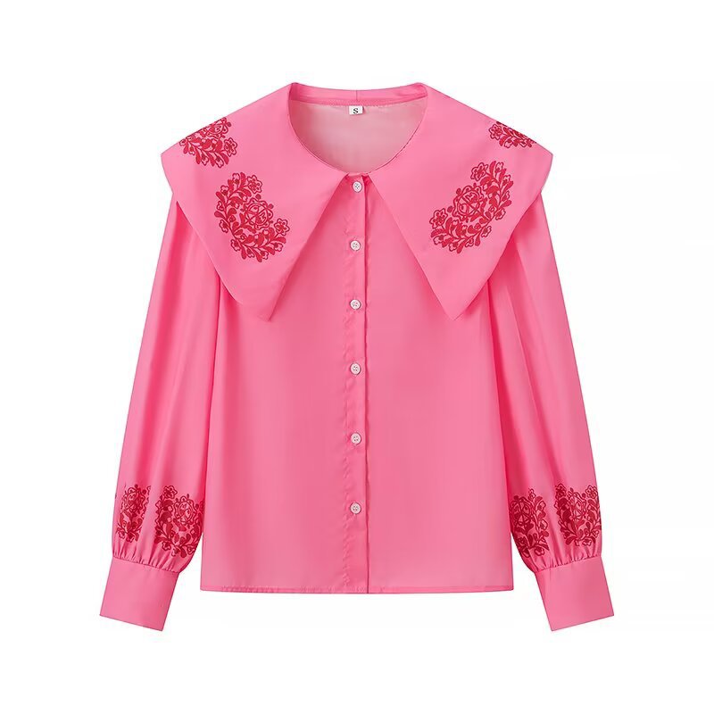 Women's Blouse with Voluminous Collar and Floral Embroidery