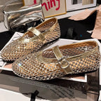Women's Ballet Flats with Rhinestone Trim and Adjustable Strap