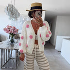 Women's Cozy Knit Cardigan with Playful Floral Appliqués