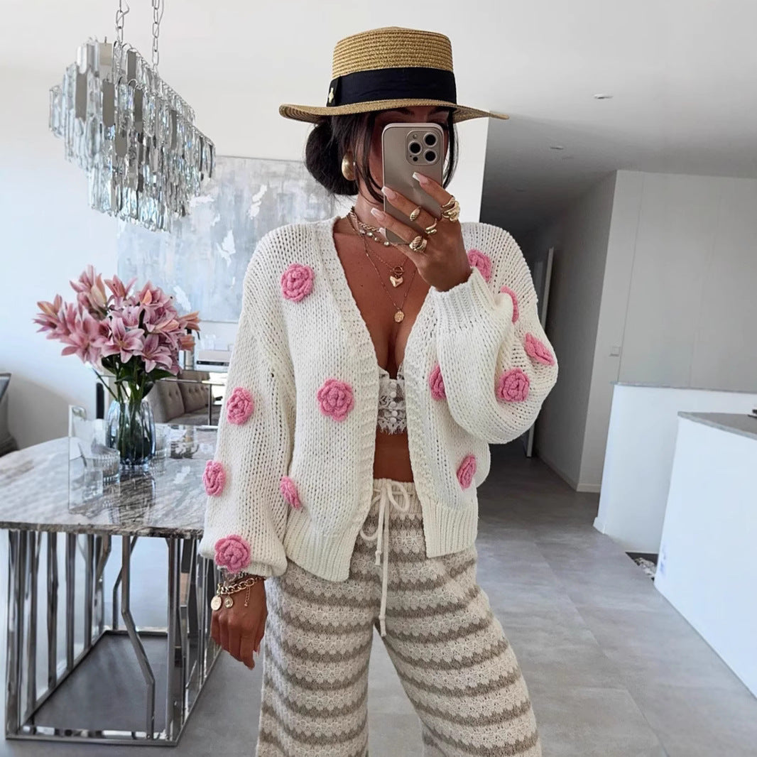 Women's Cozy Knit Cardigan with Playful Floral Appliqués