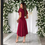 Women's A-Line Dress with Puff Sleeves and V-Neck