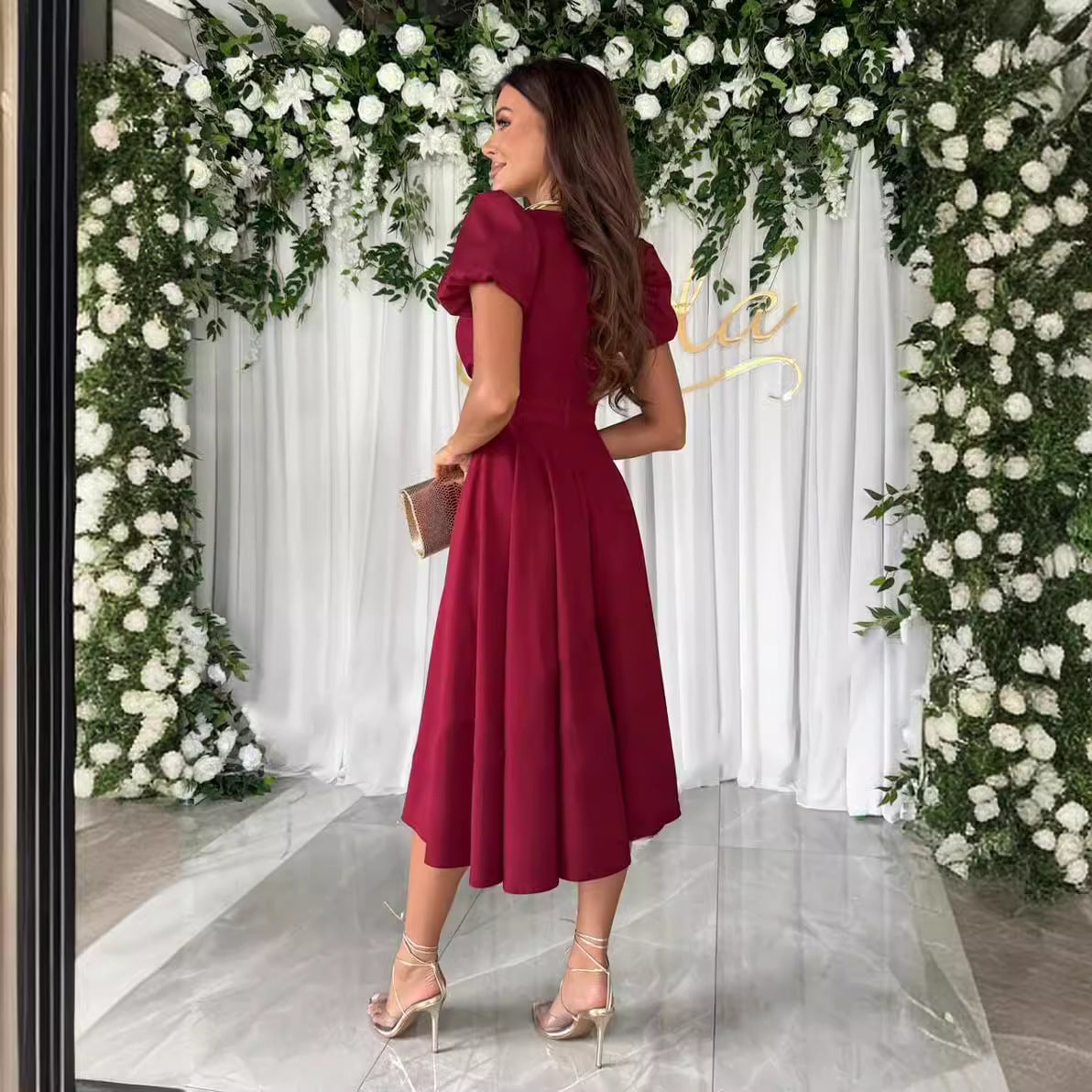 Women's A-Line Dress with Puff Sleeves and V-Neck
