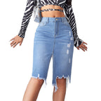 Women's Midi Skirt with Asymmetrical Hem and Destroyed Effects
