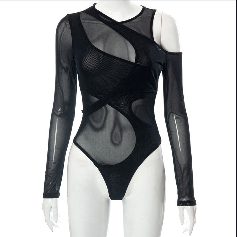 Women's Bodysuit with Asymmetric Design and Sheer Sleeves