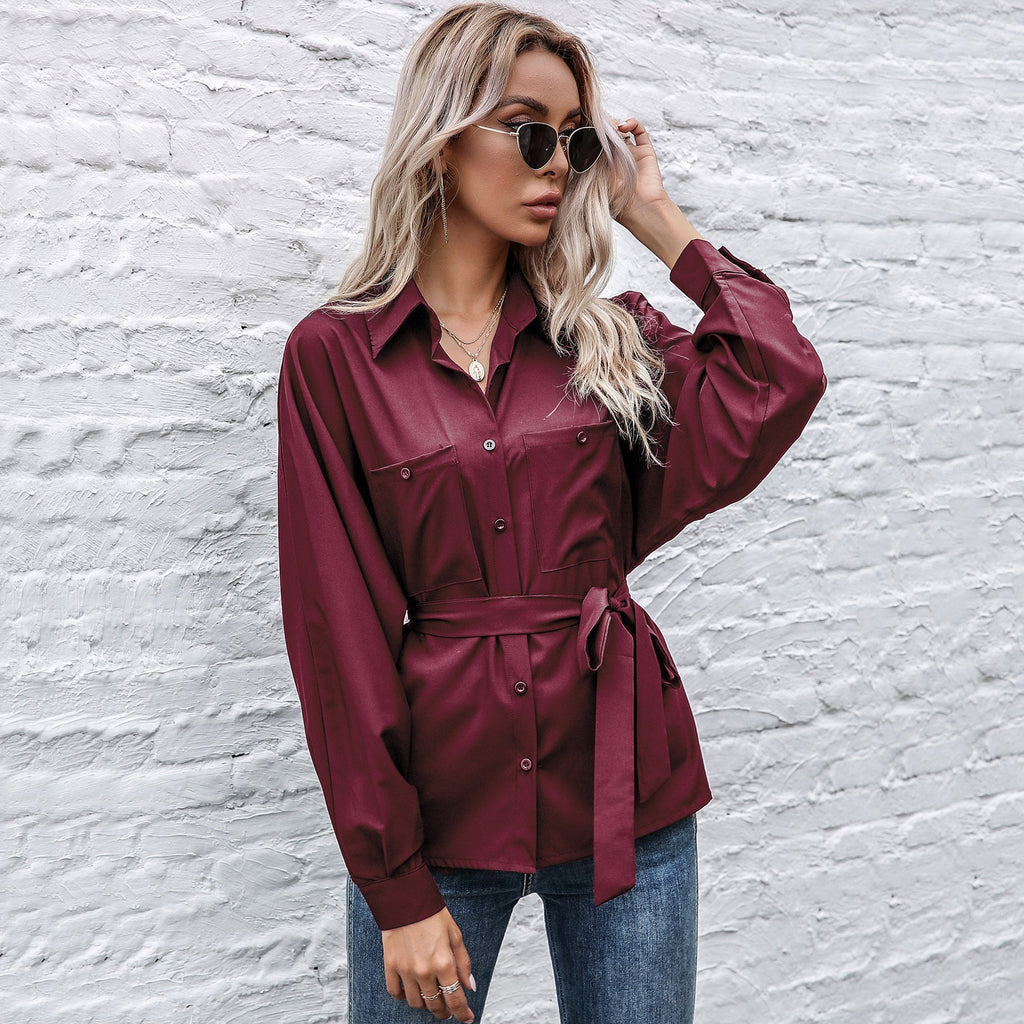 Elegant Satin Shirt Blouse with Waist Belt