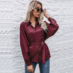 Elegant Satin Shirt Blouse with Waist Belt