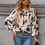Women's Blouse with Elegant Geometric Design and Puff Sleeves