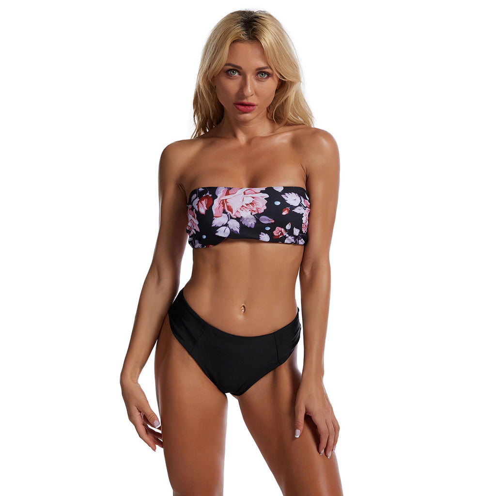 Women's Bandeau Bikini with Floral Top and High Waist