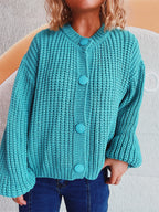 Women's Chunky Knit Cardigan with Balloon Sleeves and Decorative Buttons