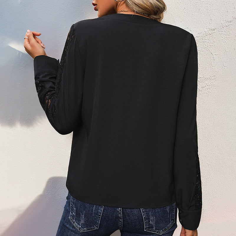 Women's Blouse with Lace Sleeves and V-Neck