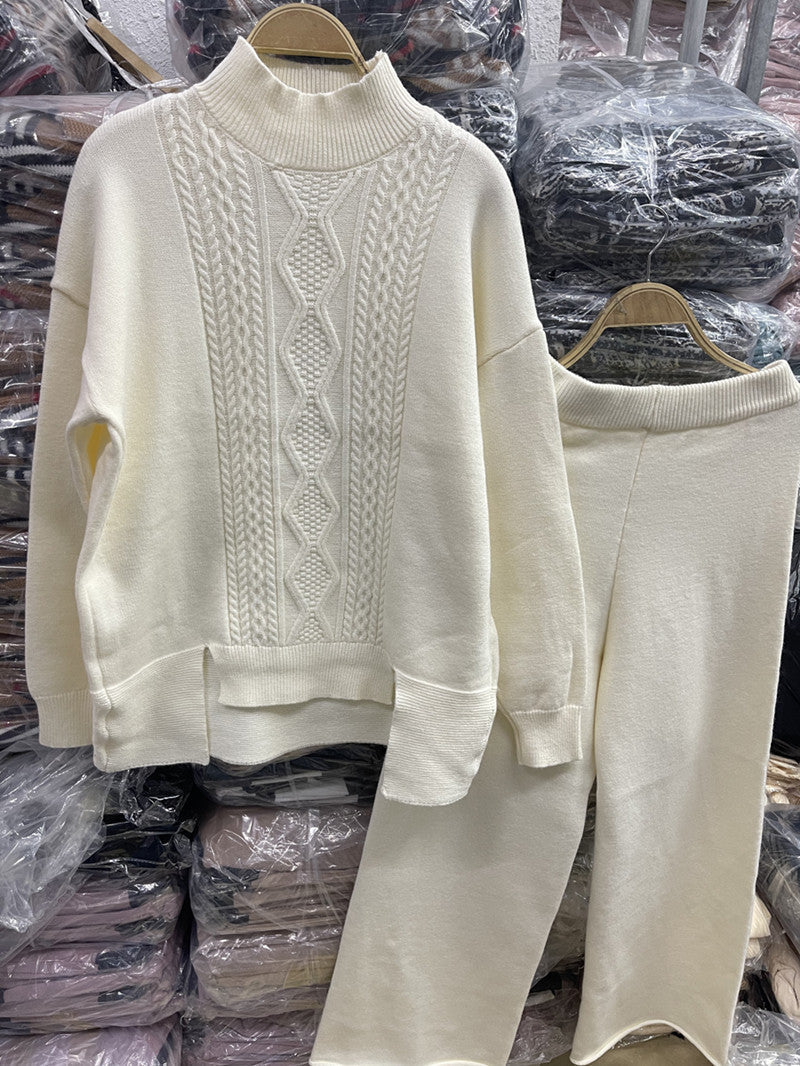 Women's Elegant Knit Suit with High Collar and Colorful Pattern