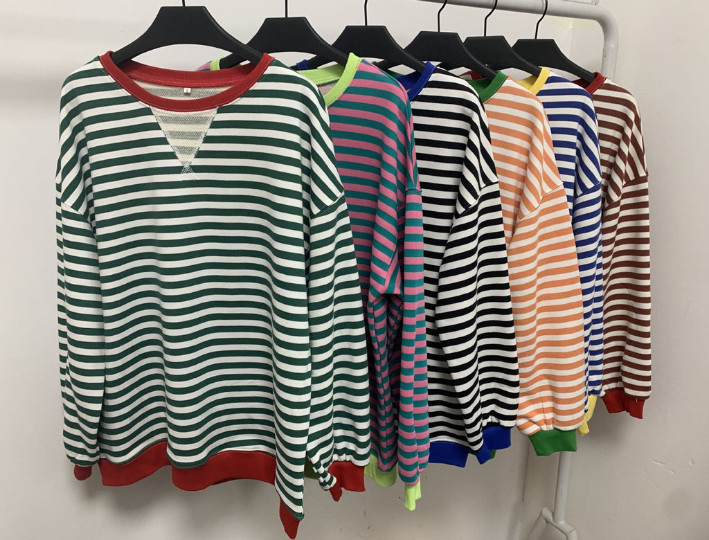 Women's Comfortable Striped Sweater with Raglan Sleeves and Elastic Cuffs