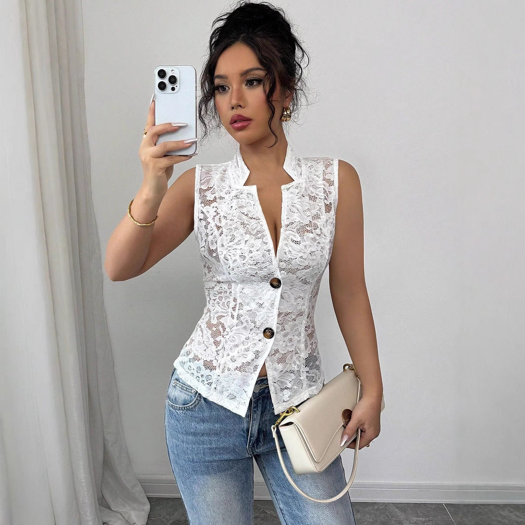 Women's Lace Shirt Blouse with Elegant Button Placket