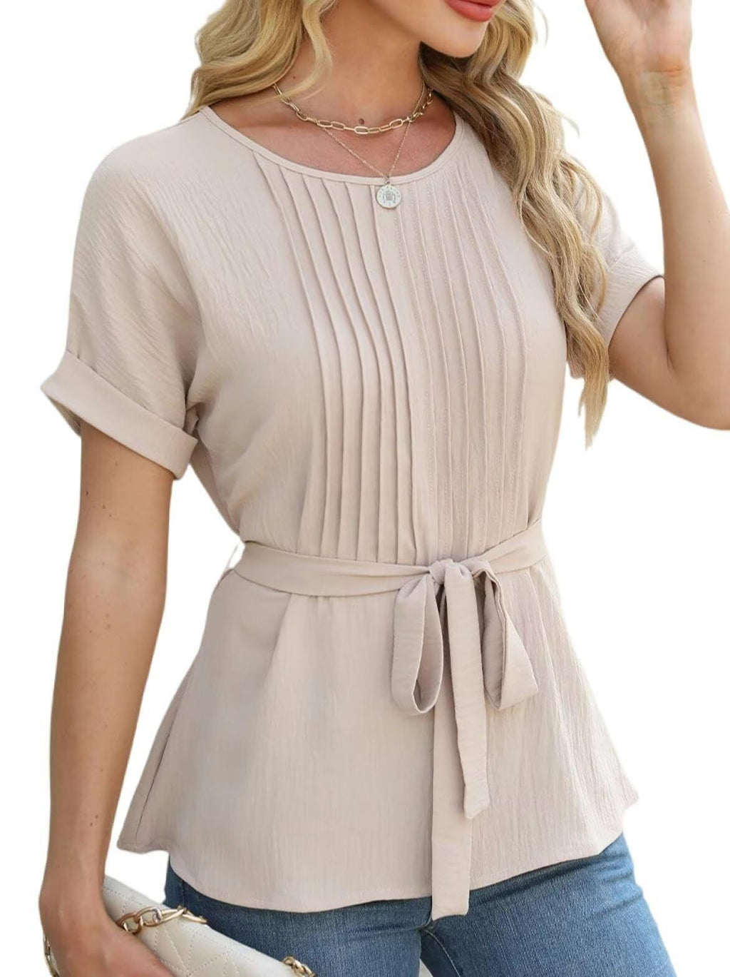 Elegant Women's Blouse with Pleated Design and Waist Belt