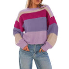 Women's Chunky Knit Sweater with Color Block Design and Oversized Fit