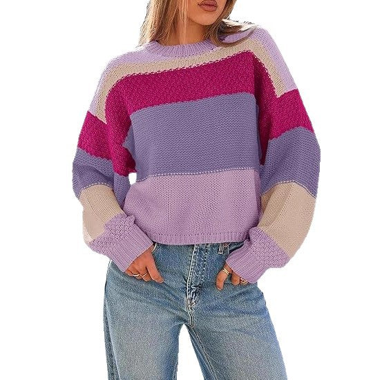 Women's Chunky Knit Sweater with Color Block Design and Oversized Fit