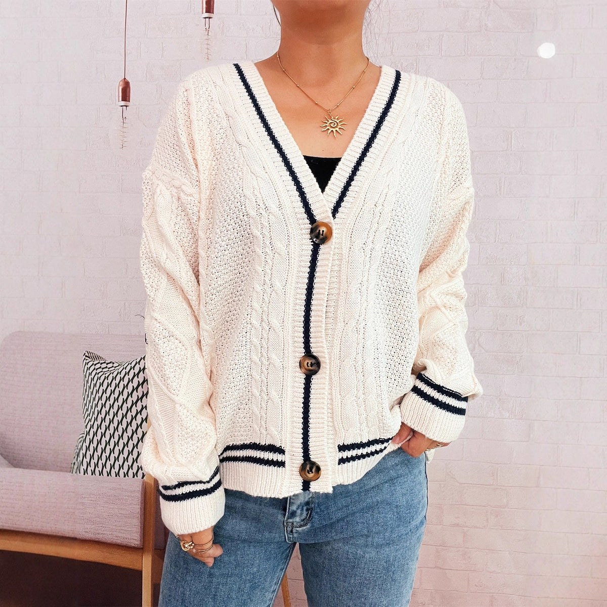 Women's Cozy Cardigan with Star Appliqués and Modern Details