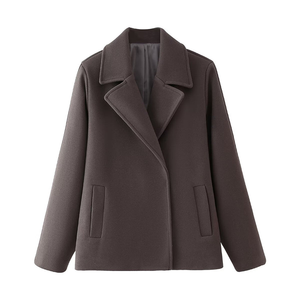 Women's Elegant Warm Wool Jacket with Lapel Collar