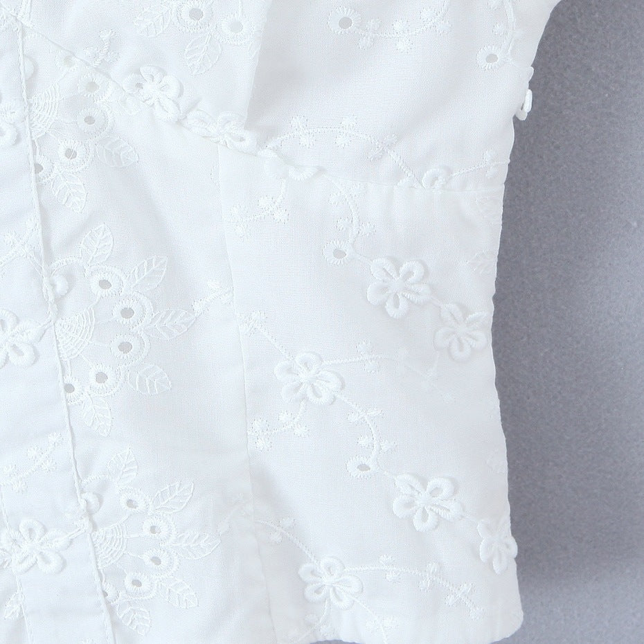 Women's Top with Floral Embroidery and Romantic Ruffled Neckline
