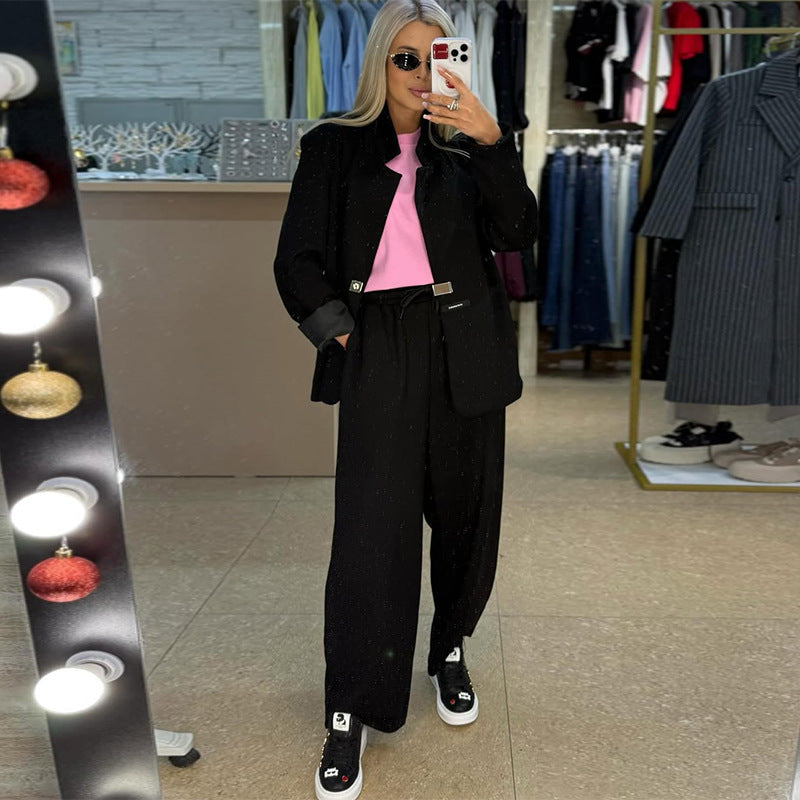 Women's Casual Sweater-Blazer Combo with Wide-Leg Pants