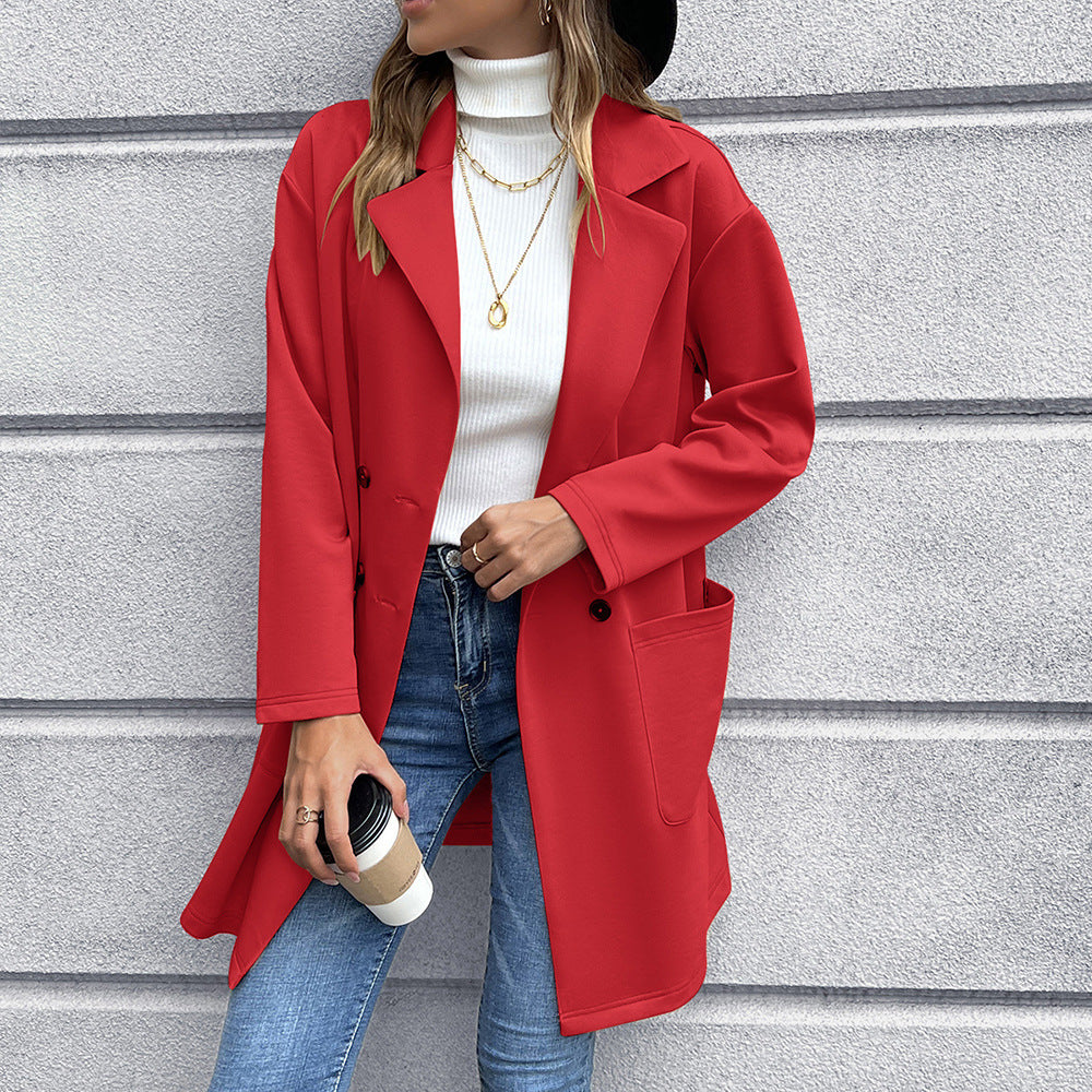 Women's Elegant Oversized Blazer Jacket with Double-Breasted Placket and Practical Pockets