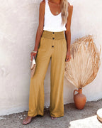Women's Elegant High-Waisted Wide-Leg Pants with Button Detail