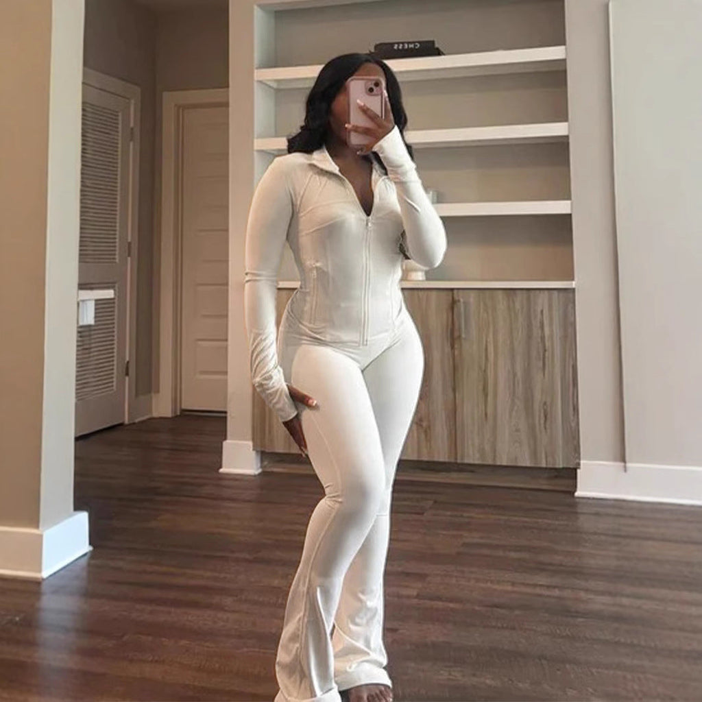 Figure-Hugging Tracksuit with Zipper and Flared Leg