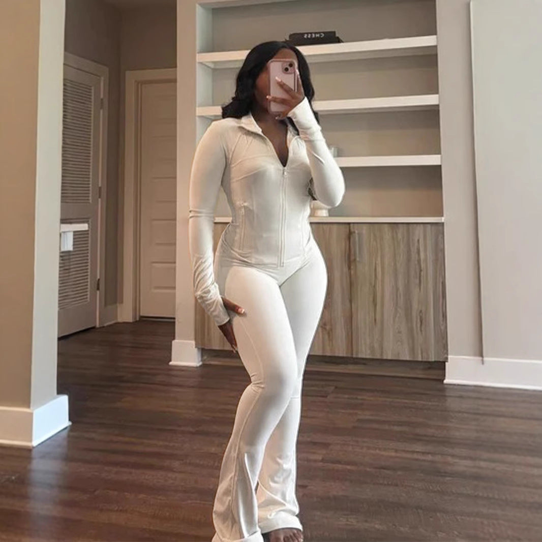 Figure-Hugging Tracksuit with Zipper and Flared Leg