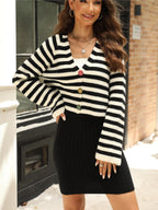 Women's Striped Cropped Knit Cardigan with Decorative Buttons
