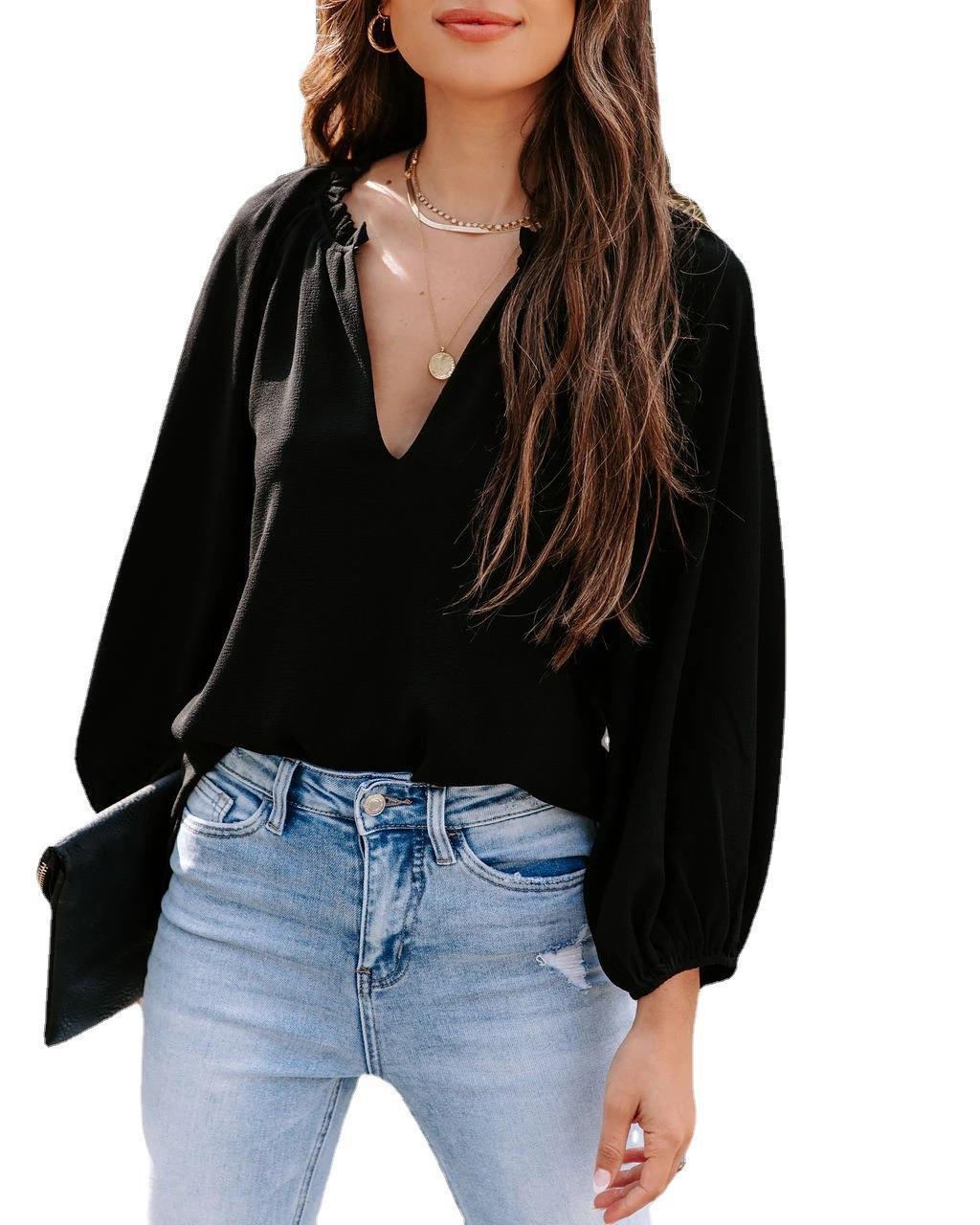 Women's Blouse with V-Neck and Puff Sleeves