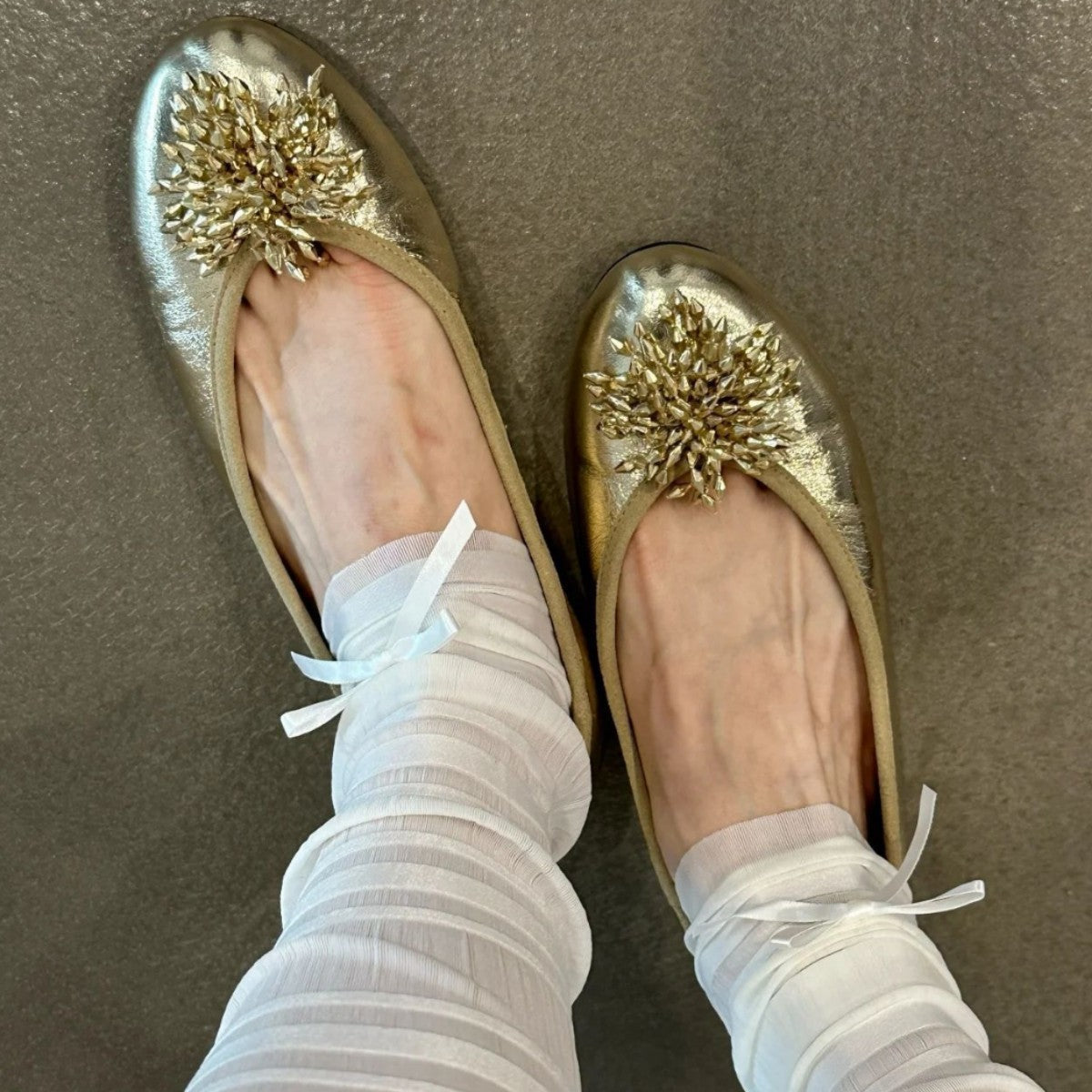Women's Ballet Flats with Unique Floral Decor and Glossy Finish