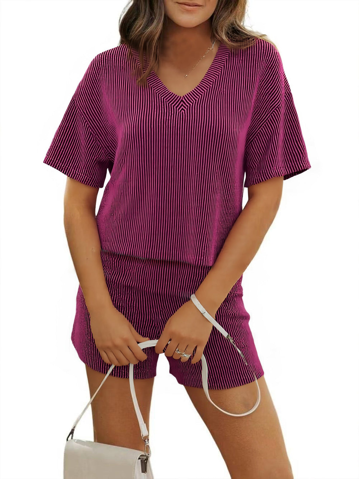 Women's Comfortable Short Sleeve V-Neck Set with Elastic Waistband