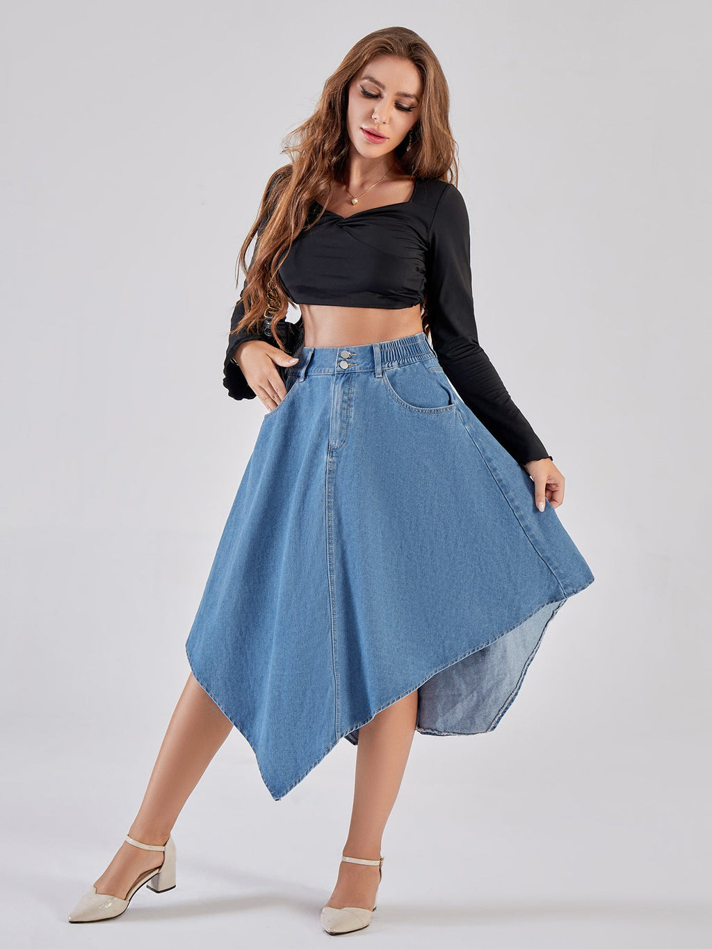 Women's Asymmetrical Denim Skirt with Attractive Hem Design