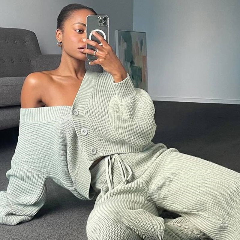 Women's Knit Loungewear Set with Buttons and Drawstring