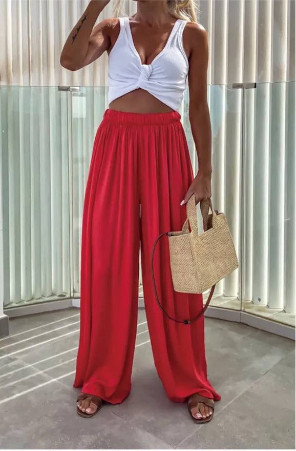 Women's Elegant Wide-Leg Summer Trousers with Elastic Waist